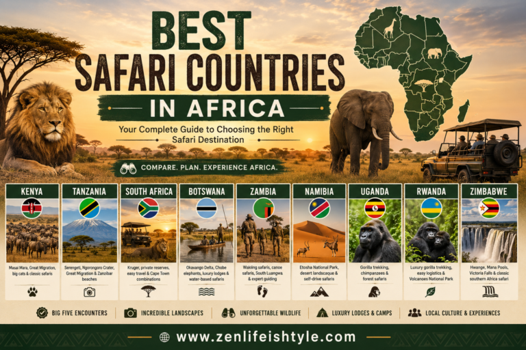 Best safari countries in Africa comparison graphic with African map, country flag icons, safari vehicle, lion, elephant and top destinations including Kenya, Tanzania, South Africa, Botswana, Zambia, Namibia, Uganda, Rwanda and Zimbabwe.